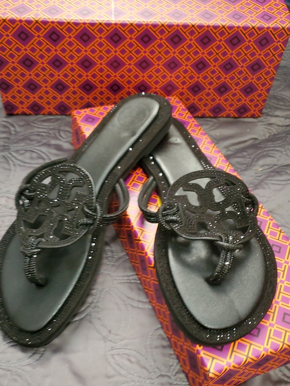 Tory Burch Black Glitter Logo Thong Sandals
